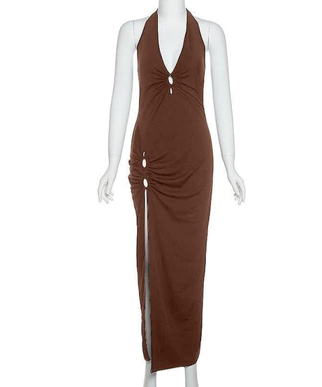 Autumn's Embrace: Luxe Halter Maxi Dress with Keyhole & Seductive High Slit