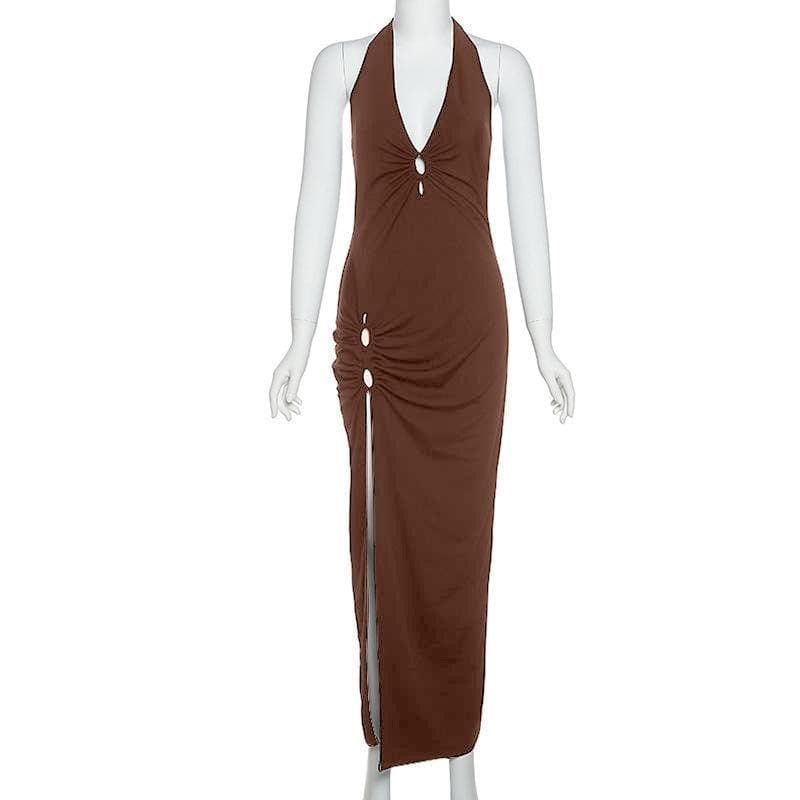 Autumn's Embrace: Luxe Halter Maxi Dress with Keyhole & Seductive High Slit