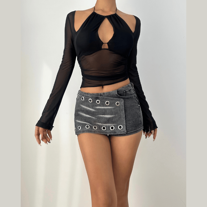 Sultry Sheer Mesh Halter Cutout Top | Edgy Long Sleeve for Fall Nights & Halloween