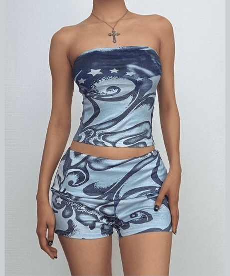 Y2K Celestial Swirl Tube Top & Shorts Set - Trendy Fall Transition Co-ord