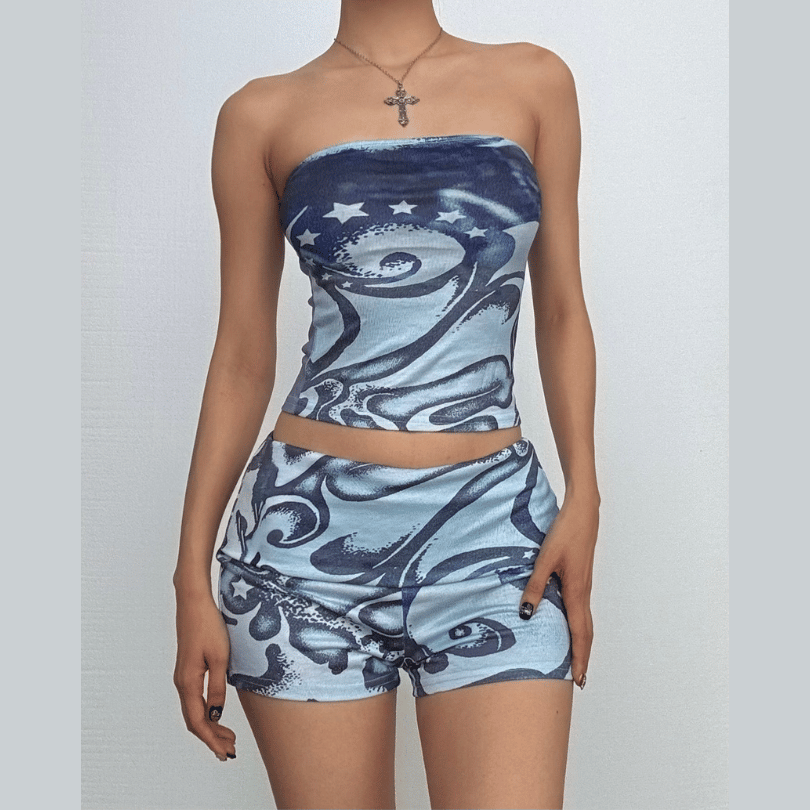 Y2K Celestial Swirl Tube Top & Shorts Set - Trendy Fall Transition Co-ord
