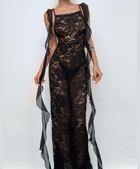 Enchanting Whisper Black Sheer Lace Maxi Gown with Ethereal Ruffle Straps – Your Fall & Halloween Statement Piece
