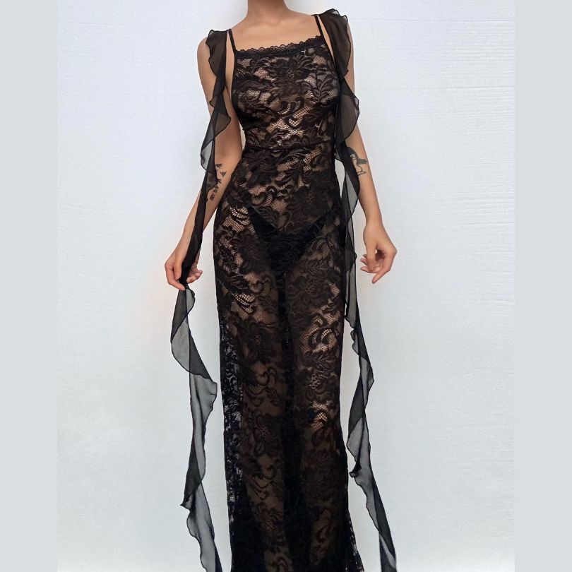 Enchanting Whisper Black Sheer Lace Maxi Gown with Ethereal Ruffle Straps – Your Fall & Halloween Statement Piece
