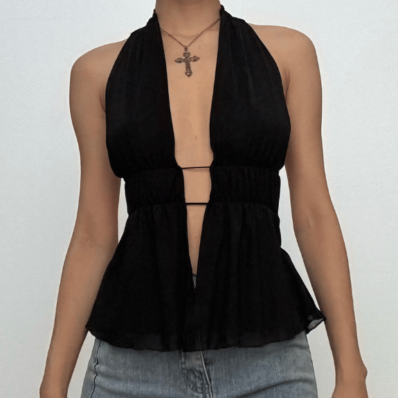 Daring Deep V Black Halter Peplum Top | Ruched Waist & Edgy Chic for Fall Nights