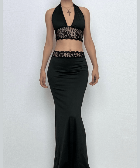 Timeless Black Lace Halter Crop Top & Mermaid Maxi Skirt Set - Your Go-To for Fall & Holiday Glamour