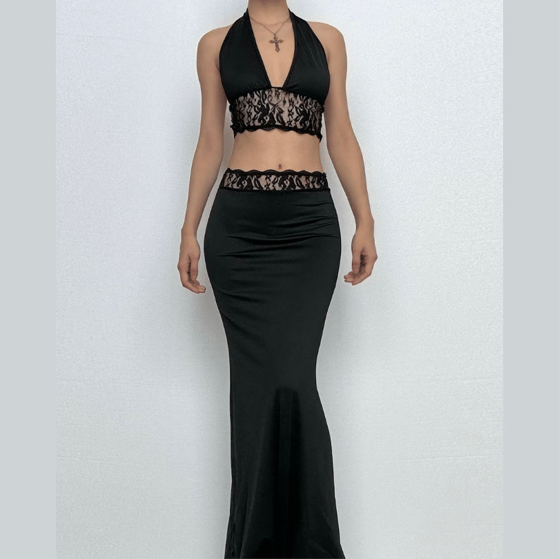 Timeless Black Lace Halter Crop Top & Mermaid Maxi Skirt Set - Your Go-To for Fall & Holiday Glamour