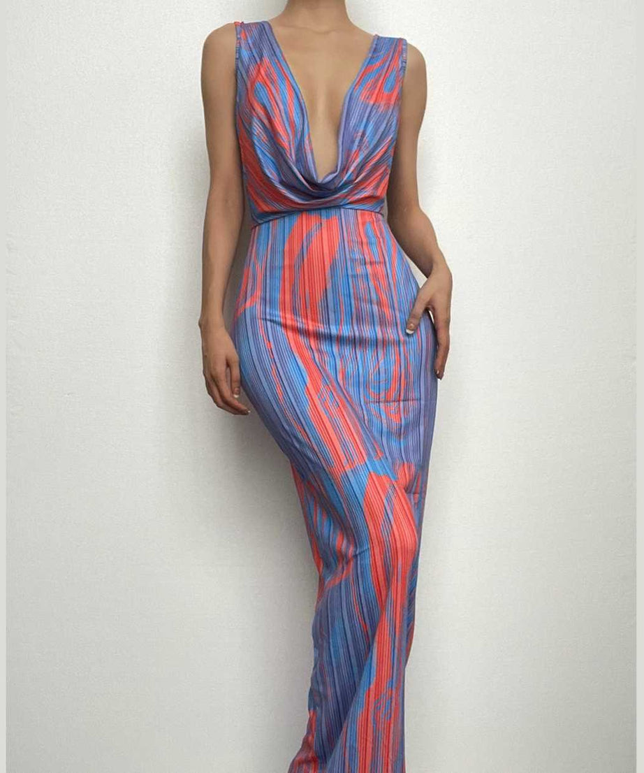 Vibrant Abstract Print Cowl Neck Maxi Dress - Backless Glam for Fall Events & Vacation Getaways