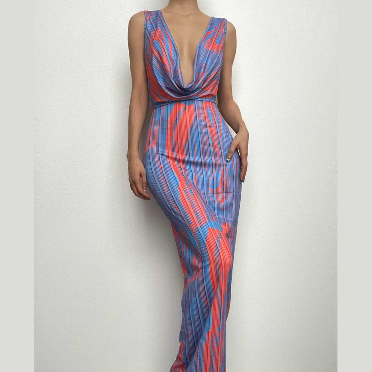 Vibrant Abstract Print Cowl Neck Maxi Dress - Backless Glam for Fall Events & Vacation Getaways
