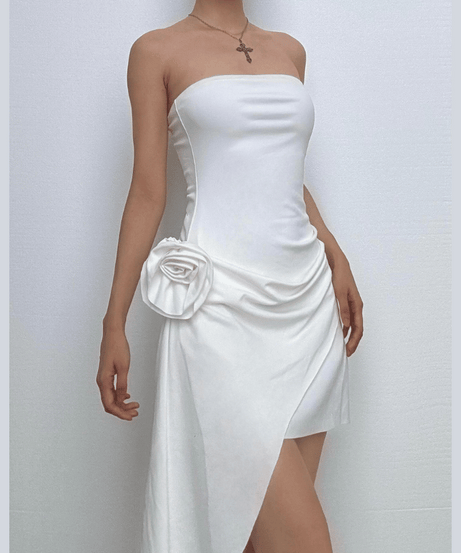 Glam White Strapless Mini Dress: Ruched Asymmetrical & 3D Floral – Fall & Holiday Event Ready