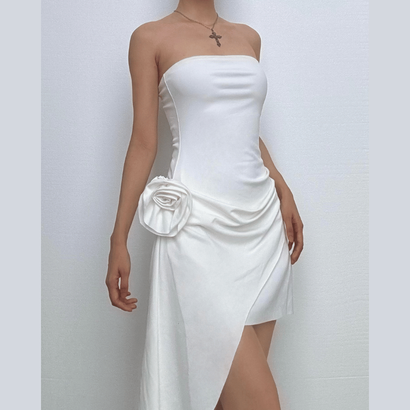 Glam White Strapless Mini Dress: Ruched Asymmetrical & 3D Floral – Fall & Holiday Event Ready