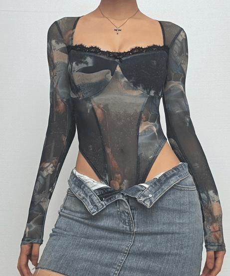 Dark Academia Renaissance Art Print Mesh Bodysuit - Long Sleeve Square Neck Top