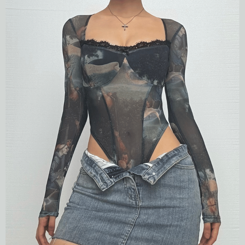 Dark Academia Renaissance Art Print Mesh Bodysuit - Long Sleeve Square Neck Top