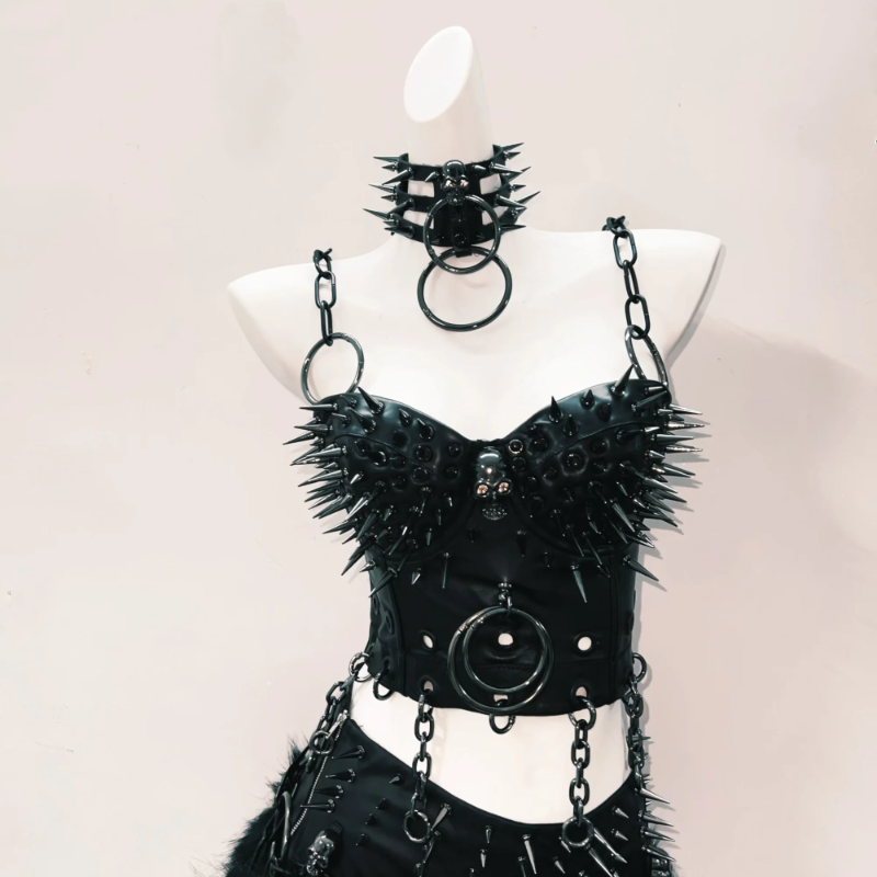 Unleash Your Inner Vixen: Spiked & Chained Goth Clubwear Set - Perfect for Halloween, Raves & Fall Nights