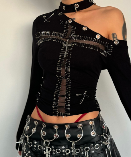 "Rebel Heart" Goth Safety Pin Cross Mesh Cut-Out Top - Edgy Halloween & Fall Statement
