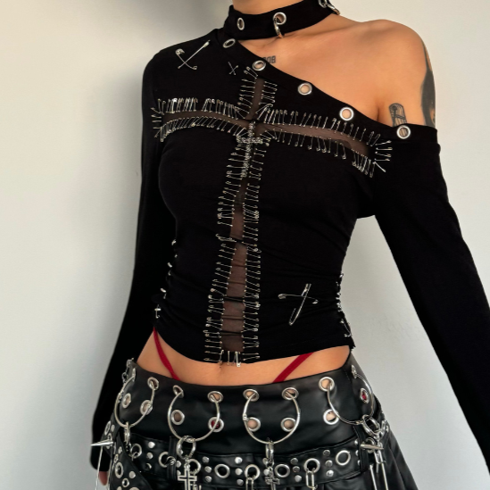 "Rebel Heart" Goth Safety Pin Cross Mesh Cut-Out Top - Edgy Halloween & Fall Statement
