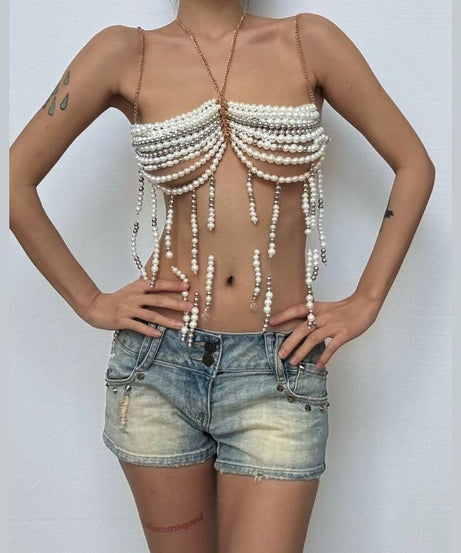 Dazzling Pearl & Chain Halter Top - Your Ultimate Glam for Holiday Parties & Beyond!