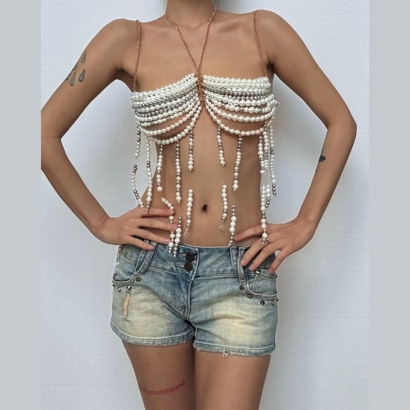 Dazzling Pearl & Chain Halter Top - Your Ultimate Glam for Holiday Parties & Beyond!