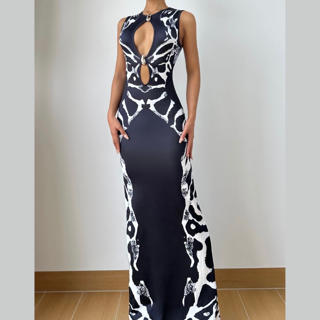 Holiday Glamour: Black & White Abstract Print Keyhole Maxi Dress
