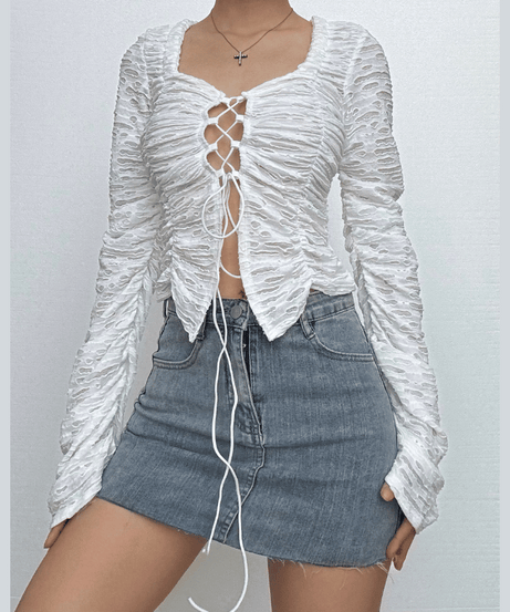 Y2K Chic White Textured Lace-Up Crop Top | Ruched Long Sleeve Fall Fashion Statement