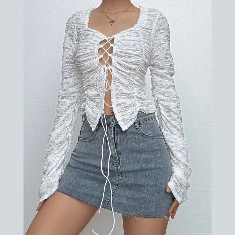 Y2K Chic White Textured Lace-Up Crop Top | Ruched Long Sleeve Fall Fashion Statement