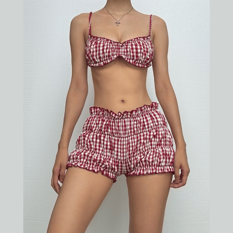 Sweetheart Gingham Smocked Cami & Ruffle Shorts Set - Cozy American Loungewear