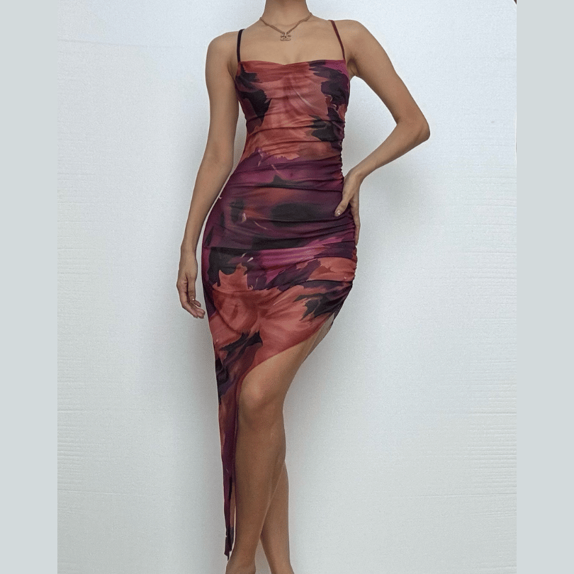 Autumn Glow Ruched Mesh Midi Dress - Asymmetrical Hem & Abstract Fall Print