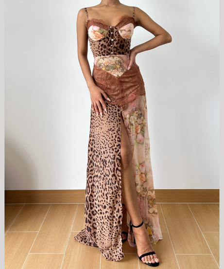 Autumn Enchantress: Leopard & Floral Lace Bustier Maxi Dress with High Slit
