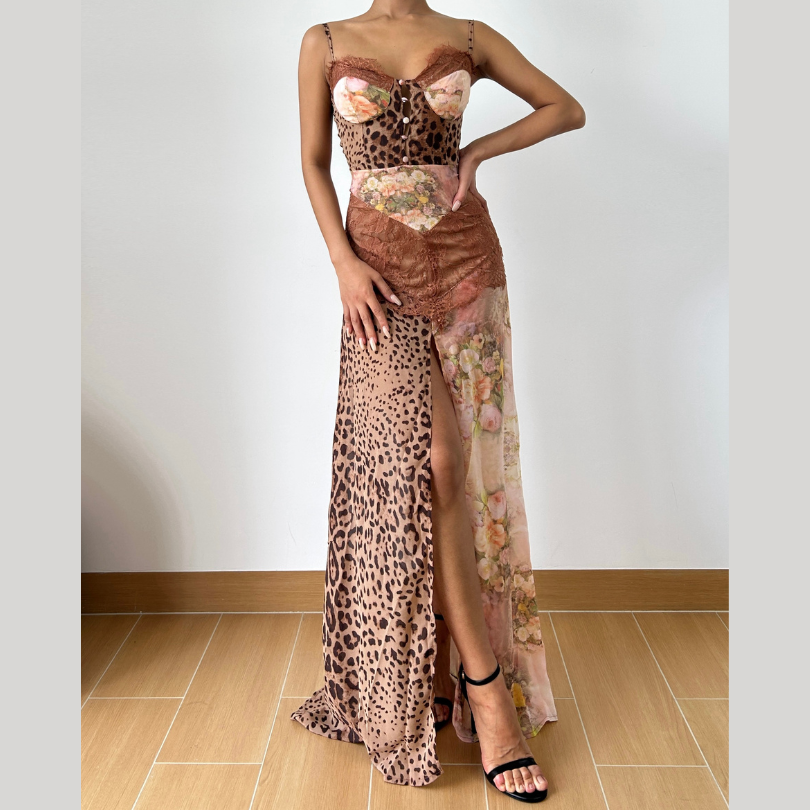 Autumn Enchantress: Leopard & Floral Lace Bustier Maxi Dress with High Slit