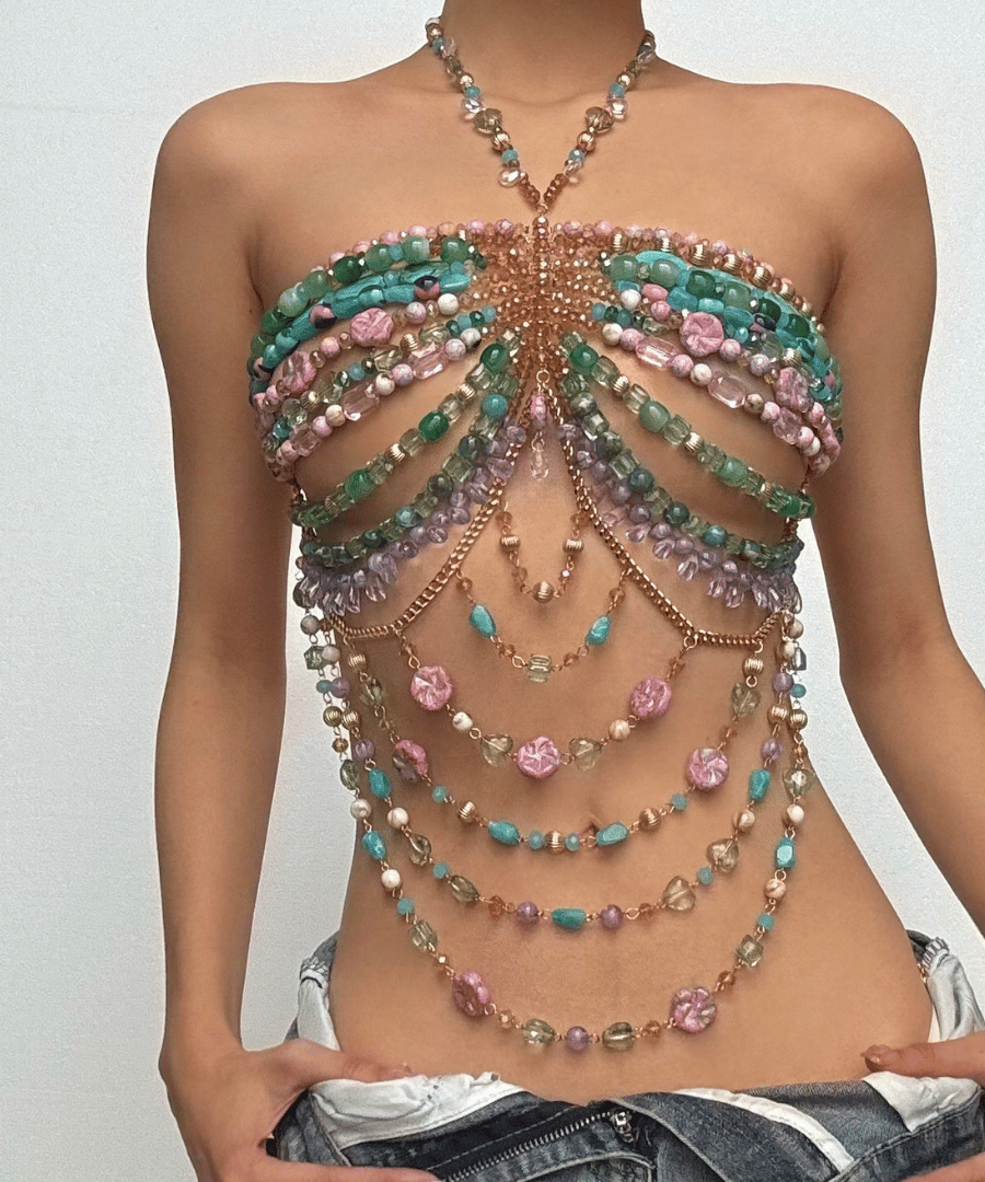 Dazzling Beaded Halter Body Chain Top - Sparkle & Shine for Holiday Parties, Festivals & Tropical Getaways