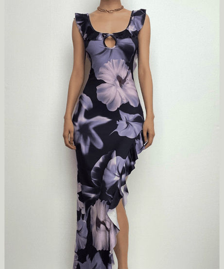 Midnight Bloom Ruffle Maxi Dress | Keyhole, Slit & Backless for Fall & Holiday Glamour