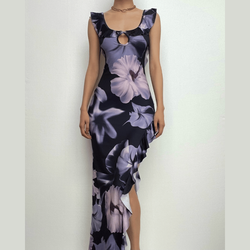 Midnight Bloom Ruffle Maxi Dress | Keyhole, Slit & Backless for Fall & Holiday Glamour