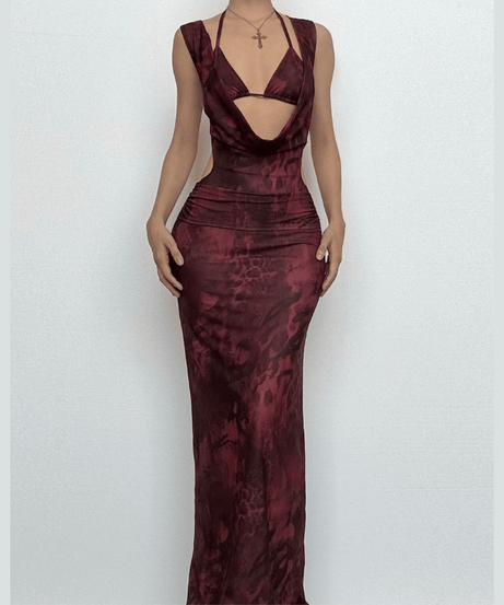 Sultry Fall Nights Halter Maxi Dress | Deep Burgundy Cowl Neck Statement Gown