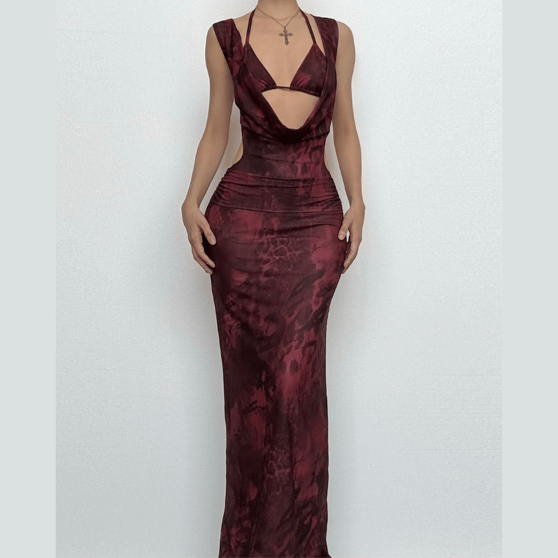 Sultry Fall Nights Halter Maxi Dress | Deep Burgundy Cowl Neck Statement Gown