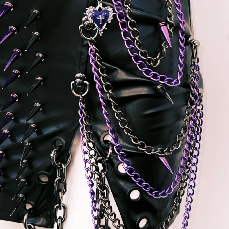 Fierce Spiked & Chained Goth Punk Faux Leather Crop Top & Slit Mini Skirt Set - Edgy Halloween & Rave Clubwear