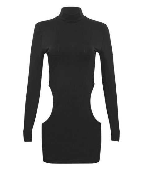 Daring Allure: Black Cut-Out Turtleneck Bodycon Mini Dress for Fall Nights & Halloween