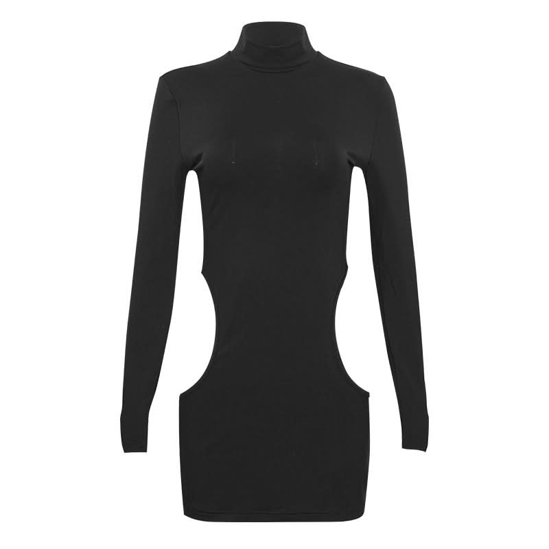 Daring Allure: Black Cut-Out Turtleneck Bodycon Mini Dress for Fall Nights & Halloween