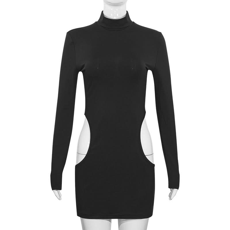Daring Allure: Black Cut-Out Turtleneck Bodycon Mini Dress for Fall Nights & Halloween