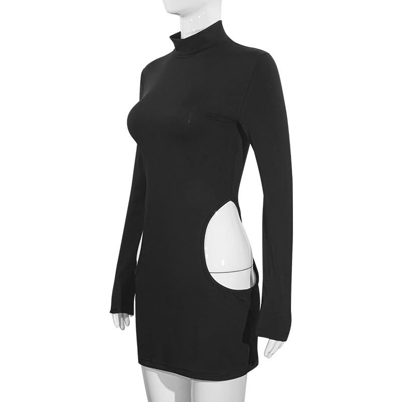 Daring Allure: Black Cut-Out Turtleneck Bodycon Mini Dress for Fall Nights & Halloween