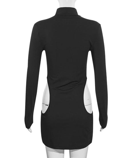 Daring Allure: Black Cut-Out Turtleneck Bodycon Mini Dress for Fall Nights & Halloween