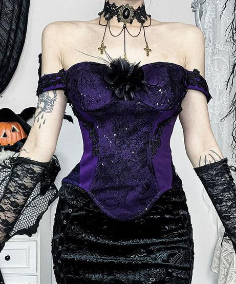 Womens Gothic Glam Purple Lace & Sequin Off-Shoulder Corset Top - Fall & Halloween Party Ready