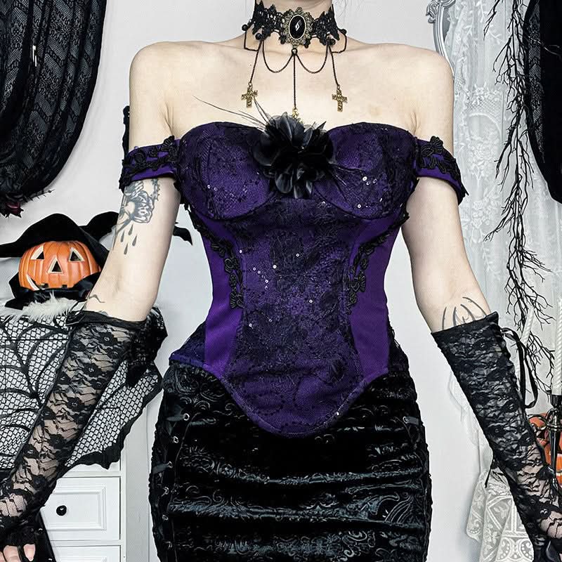 Womens Gothic Glam Purple Lace & Sequin Off-Shoulder Corset Top - Fall & Halloween Party Ready
