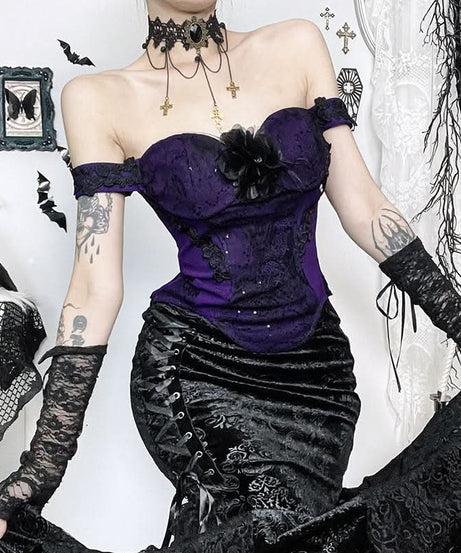 Womens Gothic Glam Purple Lace & Sequin Off-Shoulder Corset Top - Fall & Halloween Party Ready