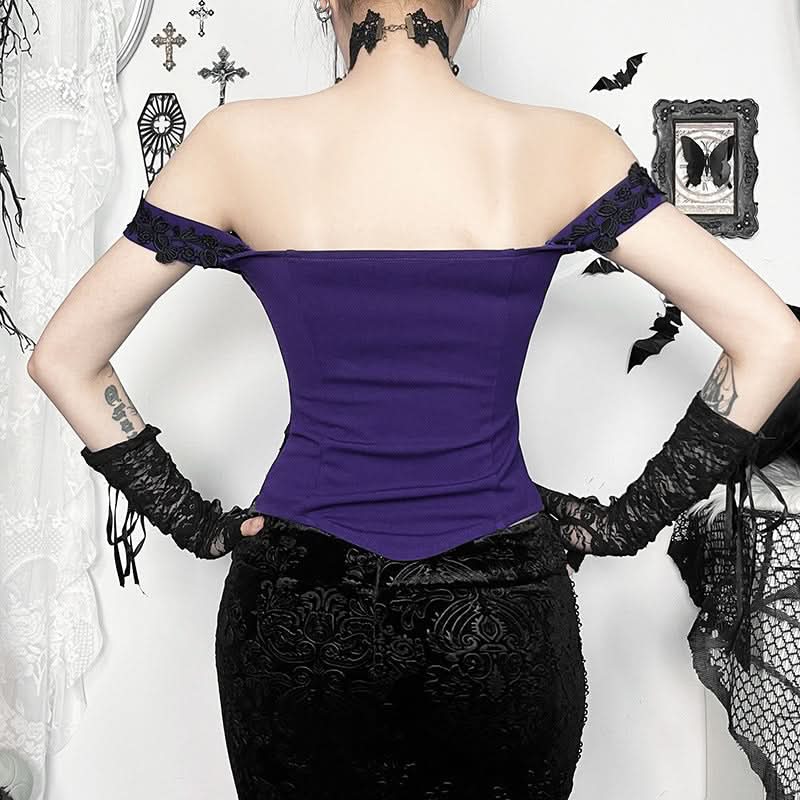 Womens Gothic Glam Purple Lace & Sequin Off-Shoulder Corset Top - Fall & Halloween Party Ready