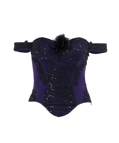 Womens Gothic Glam Purple Lace & Sequin Off-Shoulder Corset Top - Fall & Halloween Party Ready