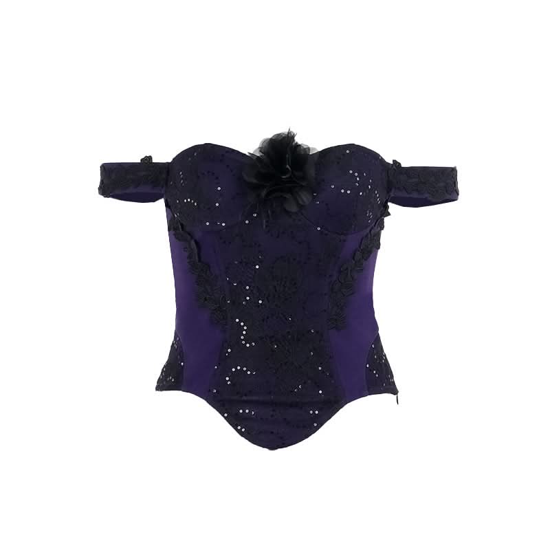 Womens Gothic Glam Purple Lace & Sequin Off-Shoulder Corset Top - Fall & Halloween Party Ready