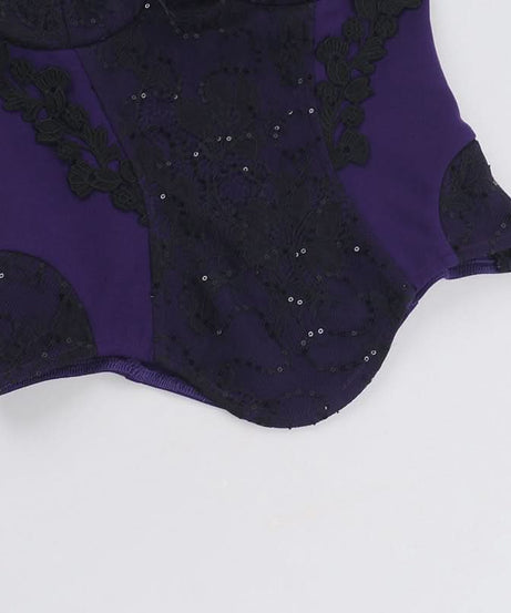 Womens Gothic Glam Purple Lace & Sequin Off-Shoulder Corset Top - Fall & Halloween Party Ready
