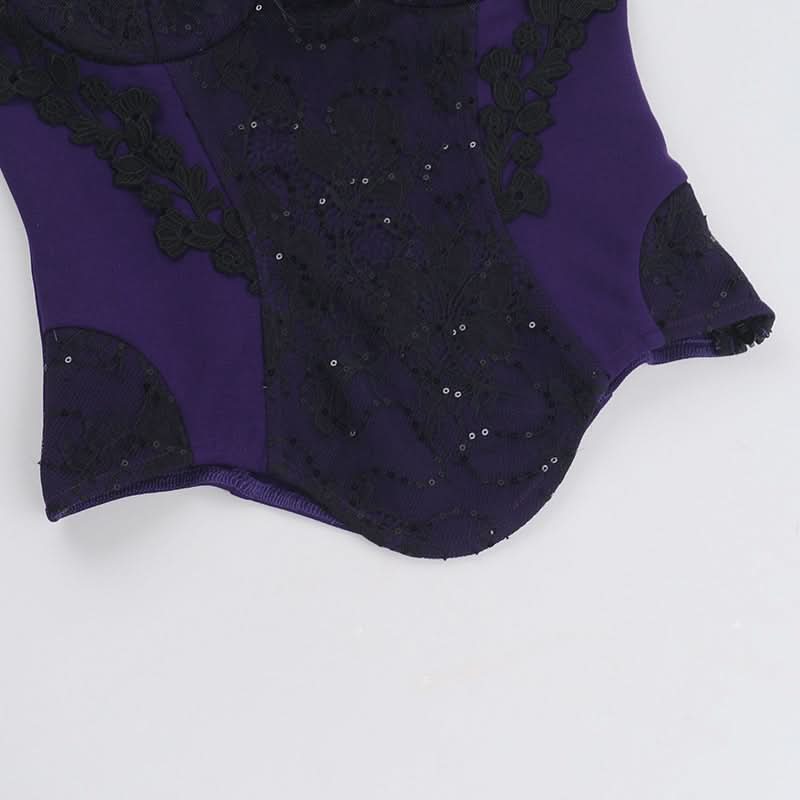 Womens Gothic Glam Purple Lace & Sequin Off-Shoulder Corset Top - Fall & Halloween Party Ready