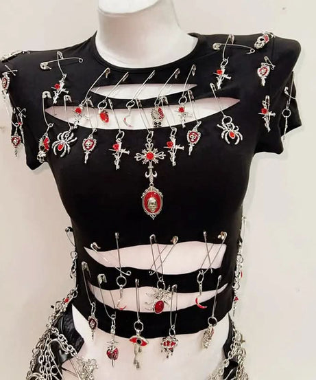 Gothic Punk Safety Pin Cut-Out Top | Edgy Charm Tee for Halloween & Fall