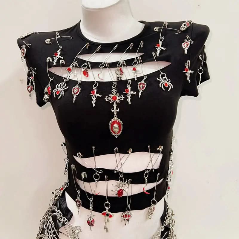 Gothic Punk Safety Pin Cut-Out Top | Edgy Charm Tee for Halloween & Fall