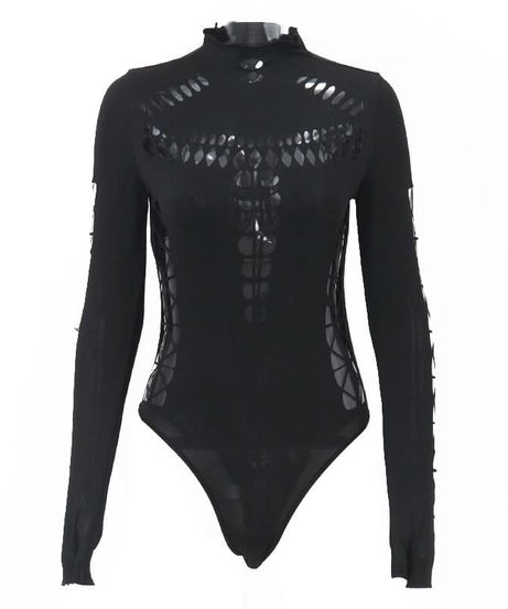 Gothic Glam Spider Web Cutout Bodysuit - High Neck Long Sleeve Halloween & Fall Statement
